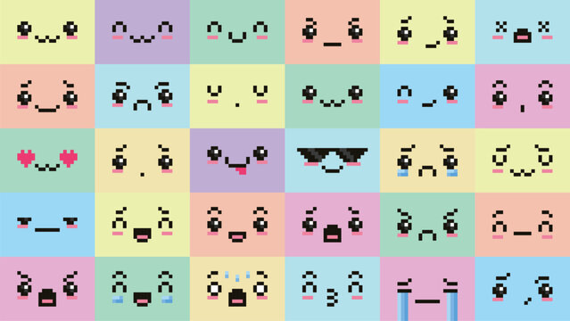 Pixel art kawaii faces. Cute pixelated facial expressions, uwu face, surprised eyes, sad crying and happy smiling pixels. Retro 8 bit gaming or anime emotions vector icons set.