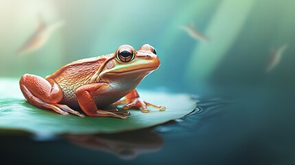 A vibrant orange frog sits on a green lily pad, reflecting its surroundings in calm water, under soft light.