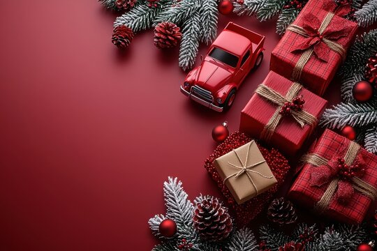 Festive red Christmas background with wrapped gifts and decorative ornaments