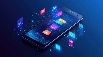 Futuristic Smartphone Interface with Glowing App Icons