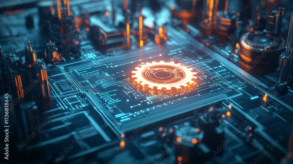 Poster a cybernetic factory icon with digital gears and real-time data streams, symbolizing automation, sma