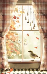 Autumn scene bird on windowsill, leaves falling, checkered curtains.