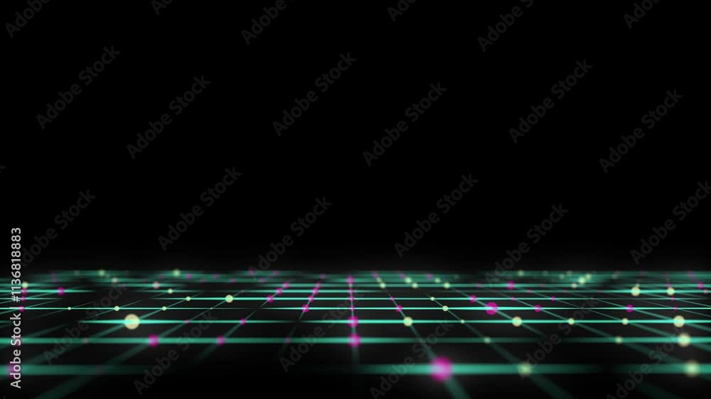 Poster Abstract grid with green light on black background. Science background with moving dots and lines. Network connection technology. Digital structure with particles. 3d rendering.