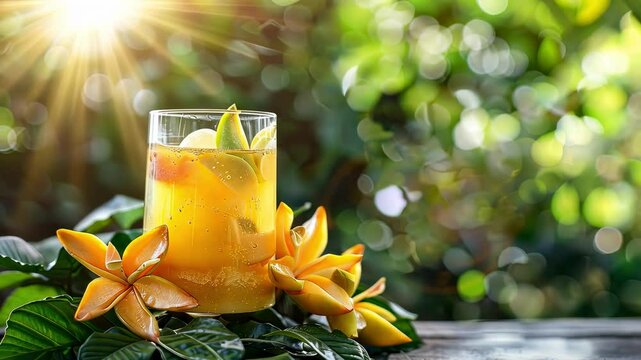 cool cocktail with carambola on the table. Selective focus