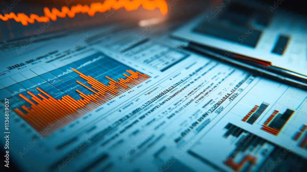 Poster financial analysis document with graphs and statistics displayed on a desk under bright office light