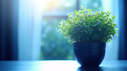 Green houseplant with lush leaves in black pot sitting on table by window for home decor, office, natural sunlight, bright, calm atmosphere, indoor gardening, modern minimalistic style interior desig
