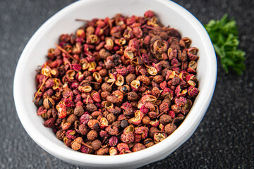 Sichuan pepper spice pepper peas fresh tasty food gourmet food background on the table rustic food top view copy space