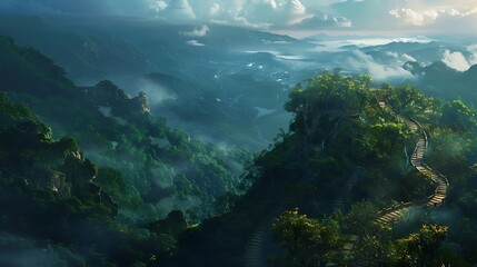 A winding pathway leading up a mountain, surrounded by dense forest and leading to a viewpoint overlooking a vast valley