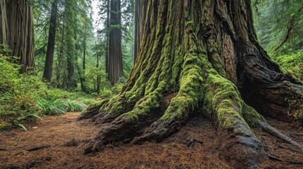 Obraz premium A magnificent view of moss-covered redwood trees in a dense misty forest, capturing nature's grandeur and tranquility.