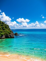 Tropical Paradise: Crystal Clear Waters and Sandy Beach under a Bright Blue Sky