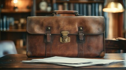 Vintage leather briefcase on wooden desk with papers, in a study.