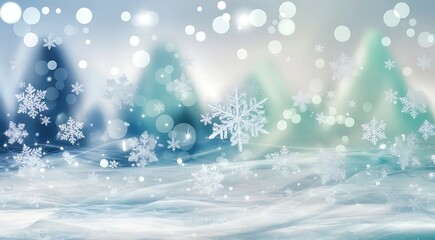 Snowflakes Scattered Across a Dreamy Snowy Landscape with Icy Blue and Turquoise Background, Shimmering Frost-Like Texture, and Magical Bokeh Highlights