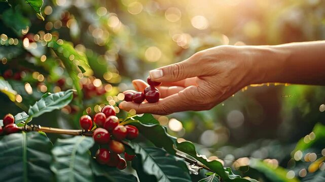 hands pick coffee beans. Selective focus