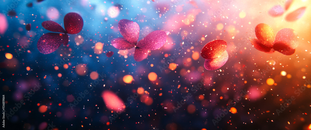 Poster colorful petals glow in evening light. vibrant petals drift through a shimmering backdrop of soft li
