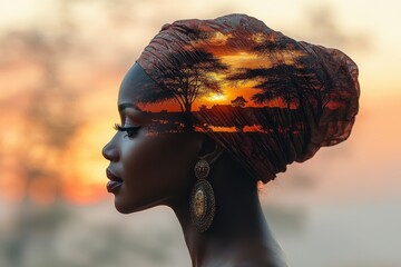 Woman in a turban with sunset landscape blending into her profile
