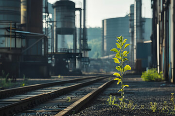 Fototapeta premium Thriving young plant amidst an industrial backdrop symbolizing growthhigh quailty image