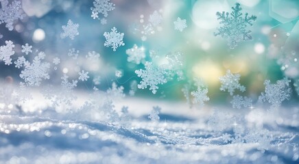 Naklejka premium Snowflakes Scattered Across a Dreamy Snowy Landscape with Icy Blue and Turquoise Background, Shimmering Frost-Like Texture, and Magical Bokeh Highlights