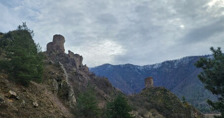 Ancient ruins in a mountainous landscape