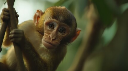 Fototapeta premium A curious young monkey gazes from a tree branch, showcasing its expressive eyes and playful demeanor in a lush green environment.