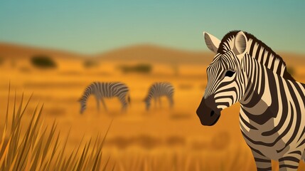 A majestic zebra stands out in a sunlit savanna, surrounded by grazing companions amidst golden grasslands.