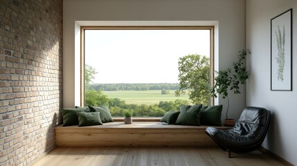 Sunlit window seat with brick wall, green pillows, and leather chair overlooking scenic countryside.