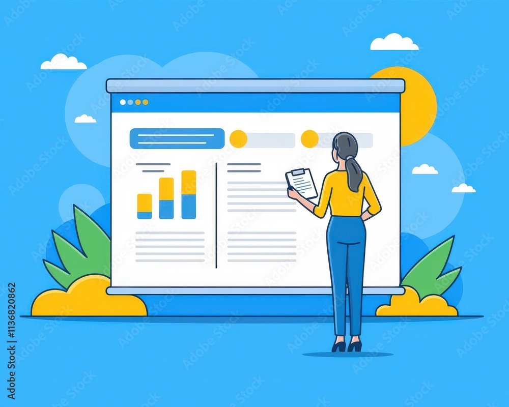 Poster a woman analyzes data while standing in front of a large presentation screen, showcasing graphs and 