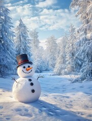 Obraz premium Adorable winter wonderland scene featuring a cheerful snowman standing alone in a serene snow-covered landscape with frosty trees and a soft blue sky background.