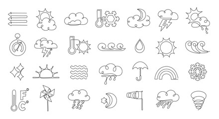 Fototapeta premium Continuous one line weather icons. Minimalist linear weather forecast symbols for clouds, sun, rain, wind and meteorological outline vector elements set.