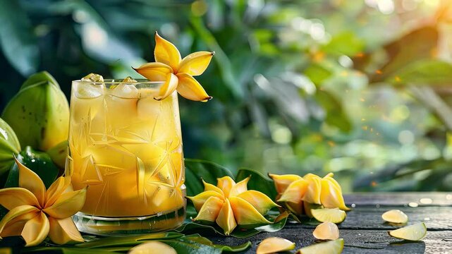 cool cocktail with carambola on the table. Selective focus