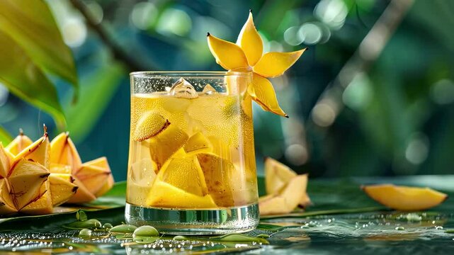 cool cocktail with carambola on the table. Selective focus