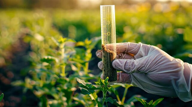 a biologist collects soil in a test tube. Selective focus