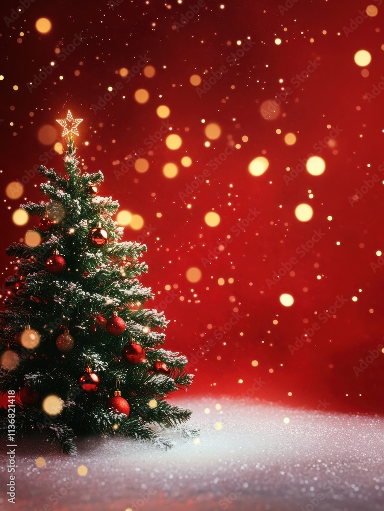 Poster christmas background with xmas tree and sparkle bokeh lights on red canvas background. merry christm