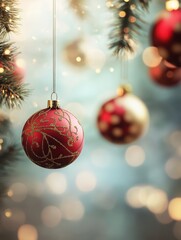 Christmas balls hanging on an out of focus background