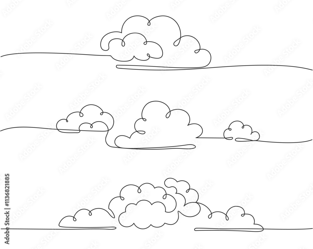 Poster continuous one line clouds. minimalist linear fluffy cloud, simple nimbus and decorative sky themed 