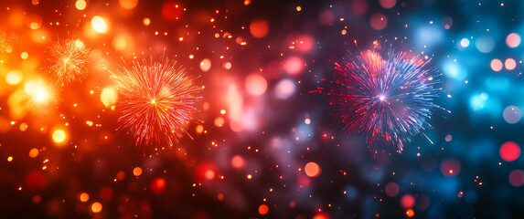 Fototapeta premium Colorful fireworks lighting up the night sky. Fireworks burst in vibrant colors against a dark background, celebrating a special occasion during nighttime.