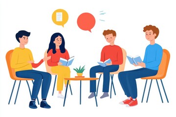 A diverse group of four young adults engaged in a lively discussion, holding books in a cozy, inviting setting.