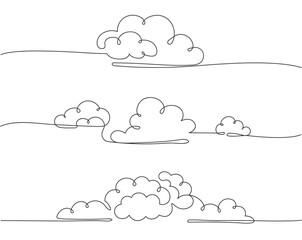 Continuous one line clouds. Minimalist linear fluffy cloud, simple nimbus and decorative sky themed overcast vector horizontal divider illustrations set.