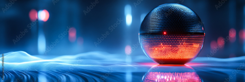 Poster bright futuristic sphere in a digital space. a glowing sphere radiates light in a digital realm, sur