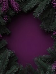 Aesthetic purple christmas background with fresh dark green fir branches, copy space. Generative AI