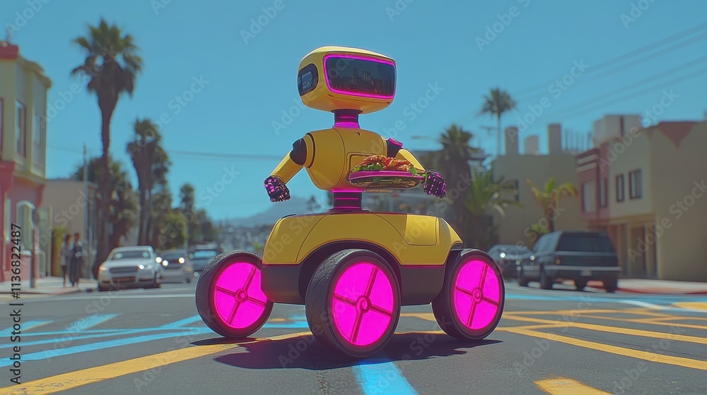Poster food delivery robots in action an autonomous food delivery robot smoothly maneuvering around parked 