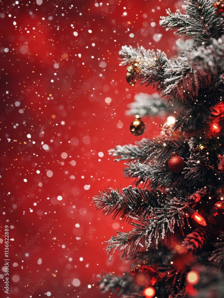 Wall mural christmas background with xmas tree and sparkle bokeh lights on red canvas background. merry christm