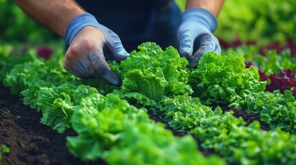 Naklejka premium Fresh green lettuce leaves being harvested by gloved hands in fertile garden soil, perfect for organic farming, healthy eating, sustainable agriculture, vibrant outdoor vegetable patch in natural day