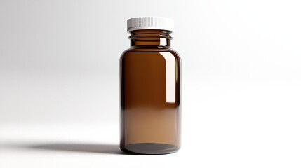 Transparent amber glass bottle with white lid displayed on a bright surface, ideal for showcasing natural supplements, medications, or cosmetic products in stock photography
