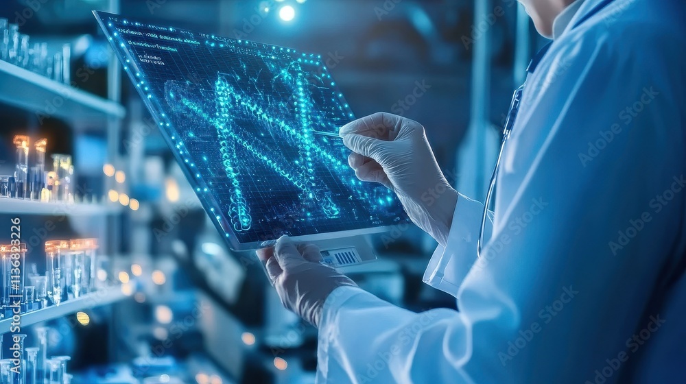 Poster innovative scientist analyzing digital dna structure in futuristic laboratory setting