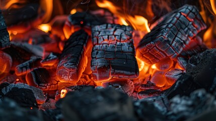 Glowing Hot Charcoal Embers and Flames in a Fire