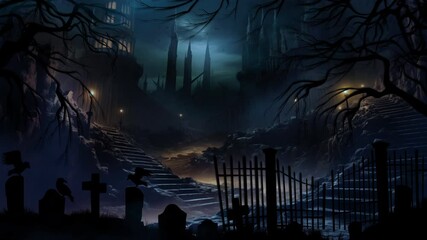 Spooky night in an abandoned graveyard with eerie lighting and silhouettes of trees and tombstones