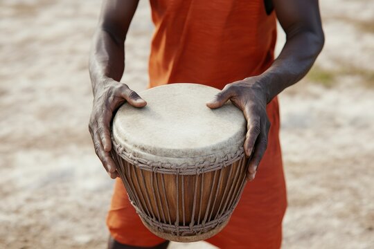 A male Black musician holding a traditional drum, showcasing the rich cultural heritage of percussion music.