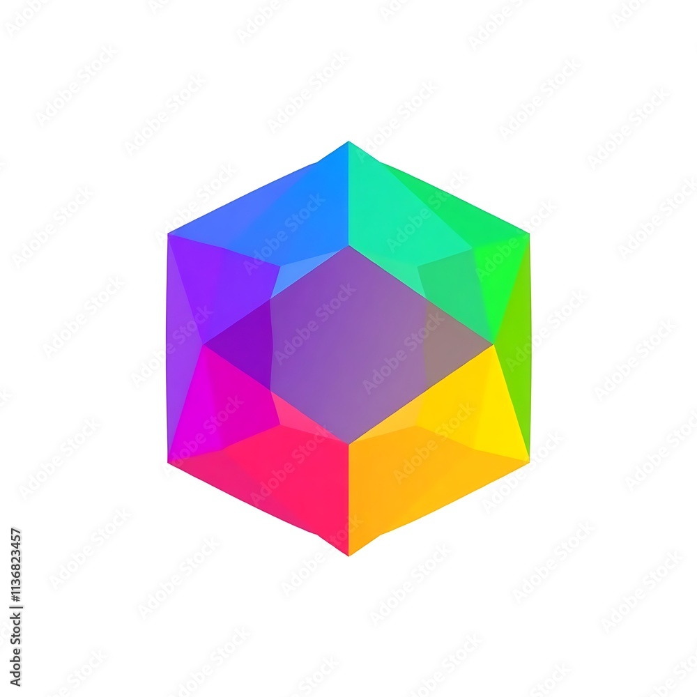 Poster rainbow gemstone hexagon: a vibrant, multifaceted hexagon shimmers with rainbow hues, creating a cap