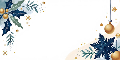 Background for Merry Christmas card, with decorative leaves, branches, snowflakes and balls in shades of gold, blue and green. Ideal for end of year celebrations.