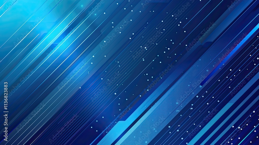 Poster abstract blue background with diagonal lines and small particles, ideal for digital design.
